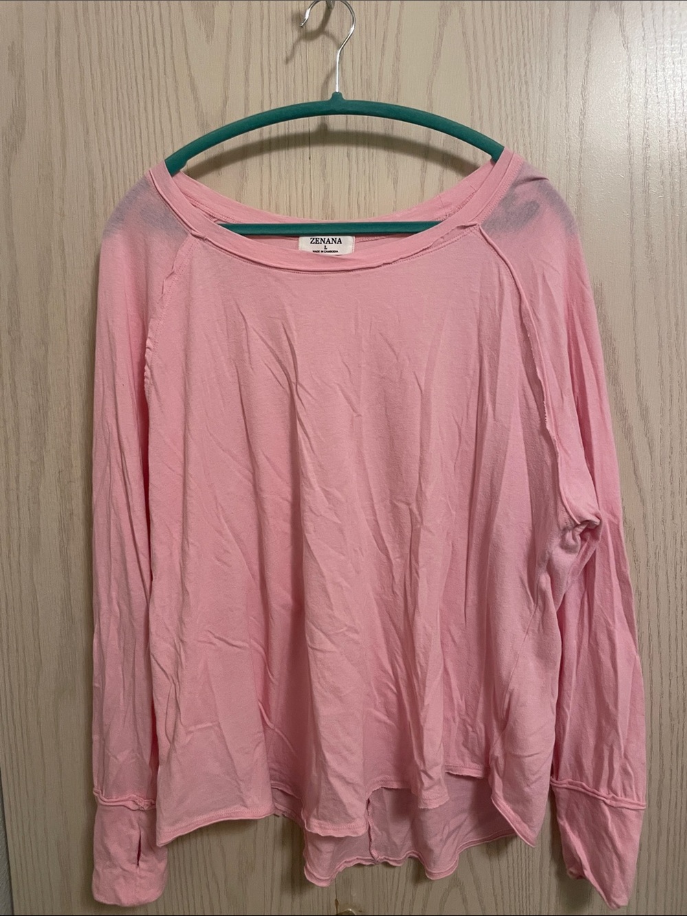 Zenana Large Light Bubblegum Barbie Pink Long Sleeve Raglan Top Rough Edges